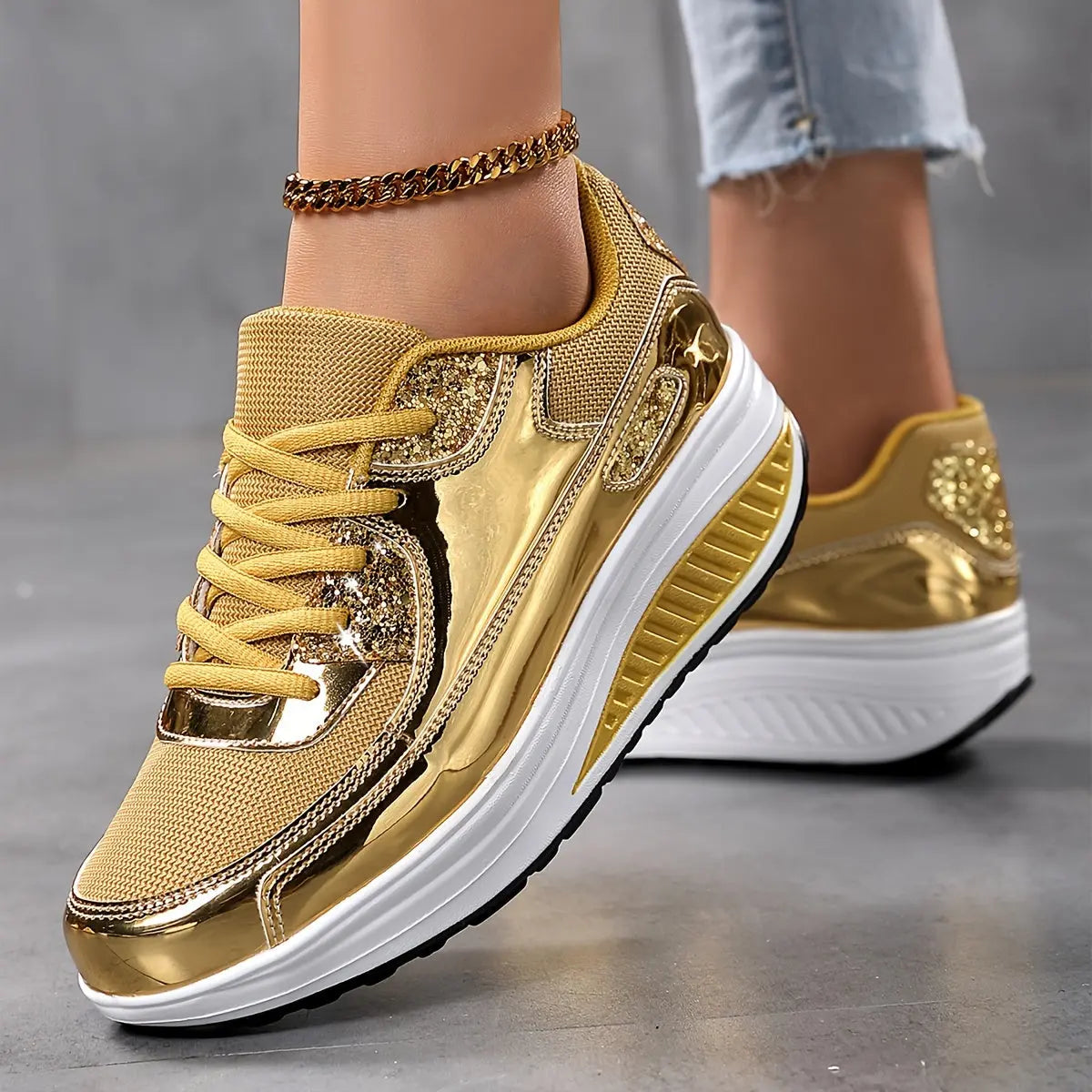 Breathable, Stability, Shiny Accents, Glitter Design, Lace-Up Closure, PU Sole, Fabric Insole, Random Printing - Comfortable Walking Shoes for Everyday Wear Temu