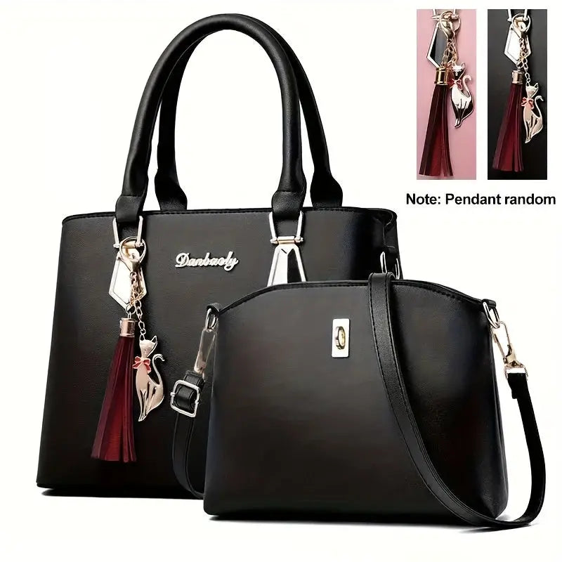 2-Piece Set: Chic Fashion Shoulder Bag and Crossbody Bag Combo - Zipper Closure, Pendant Detail, Solid Color Faux Leather with Nylon Lining - Spring 2024 European Style Casual Handbag Collection for Occasions Chic Le'Meek