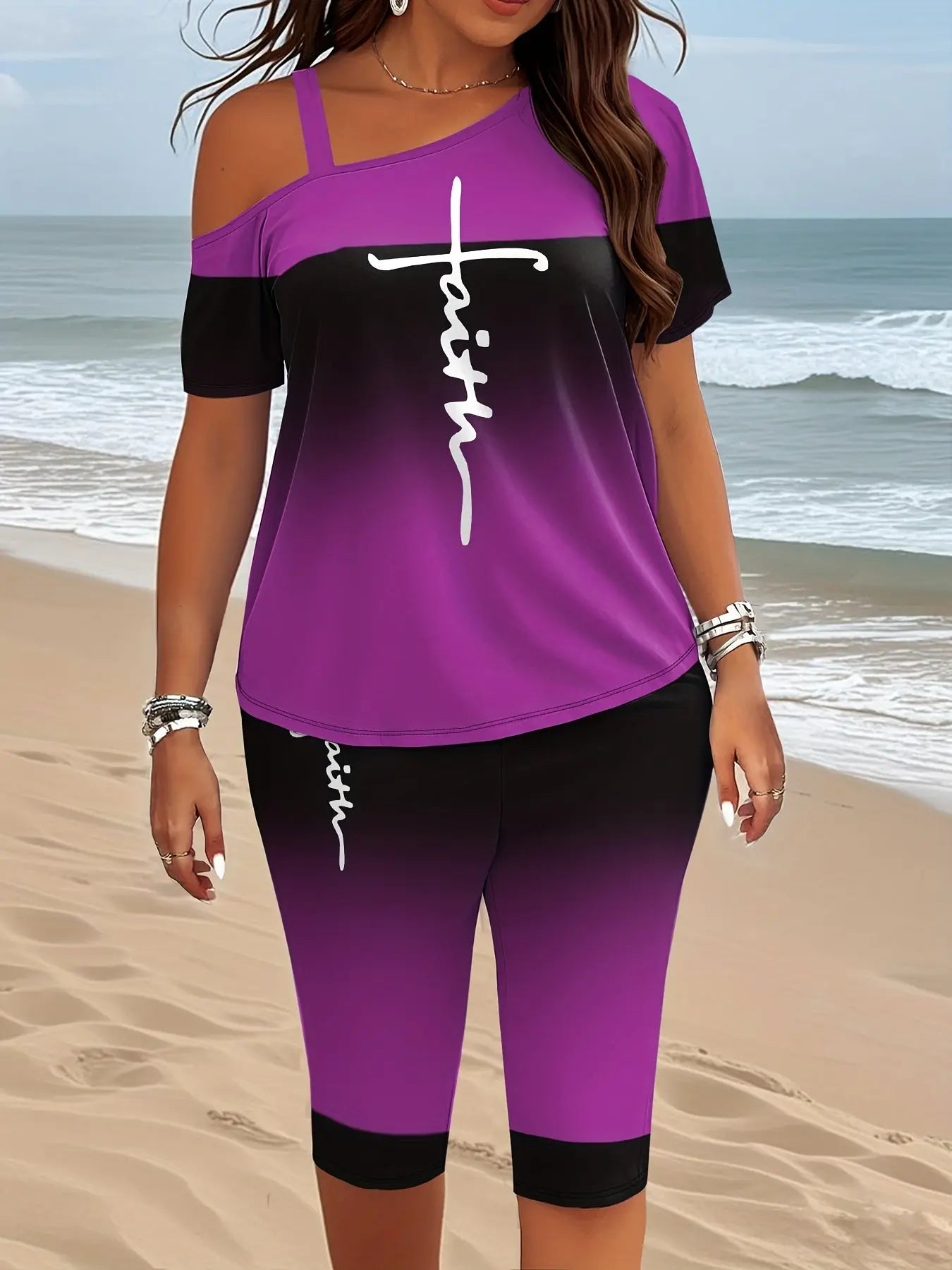 Large size Women's fashion set, gradient color set, faith print Chic Le'Meek