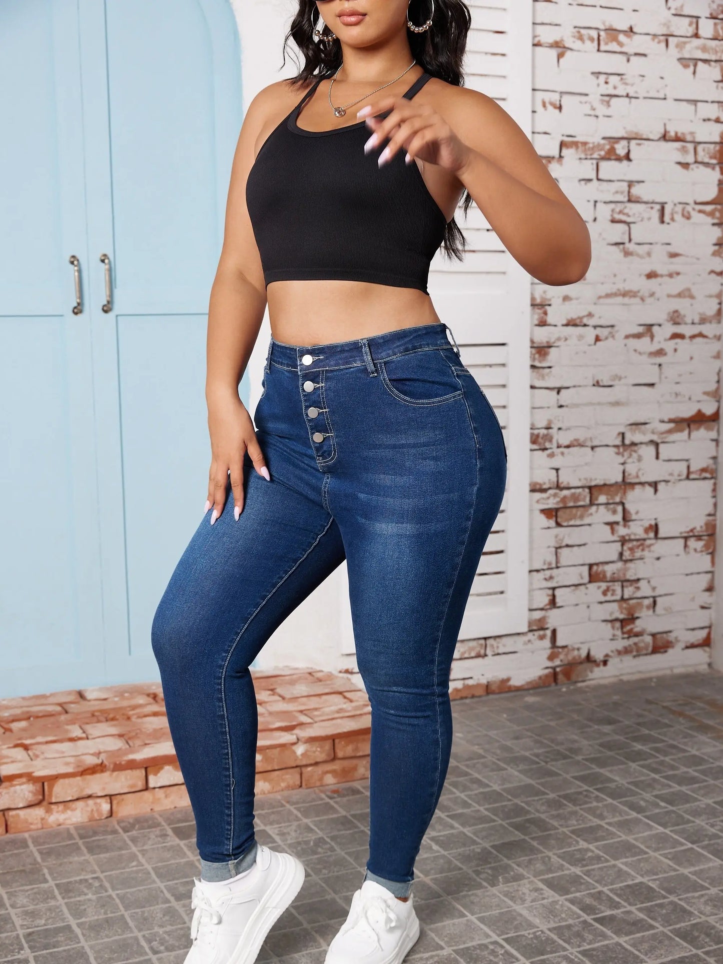 Plus Size Casual Jeans, Women's Plus Button Fly Roll Up Buckle Hem High Stretch Jeans Temu