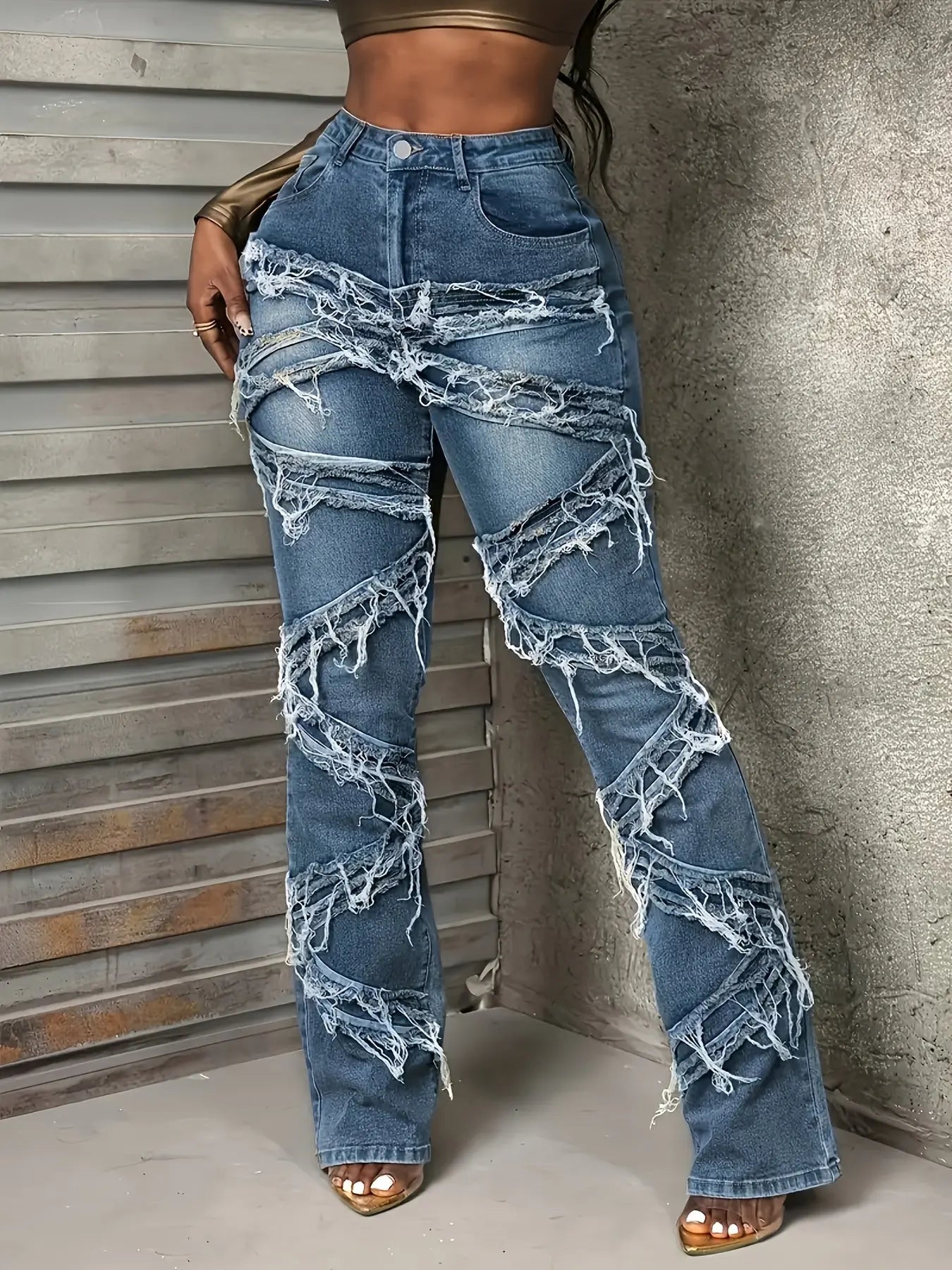 Women'S Large Size Mid-rise Skinny Jeans With Flared Design. Multi-layer Stacking With Distressed Edges. Highly Elastic And Comfortable Soft Denim Fabric. Suitable For Spring And Summer. Chic Le'Meek