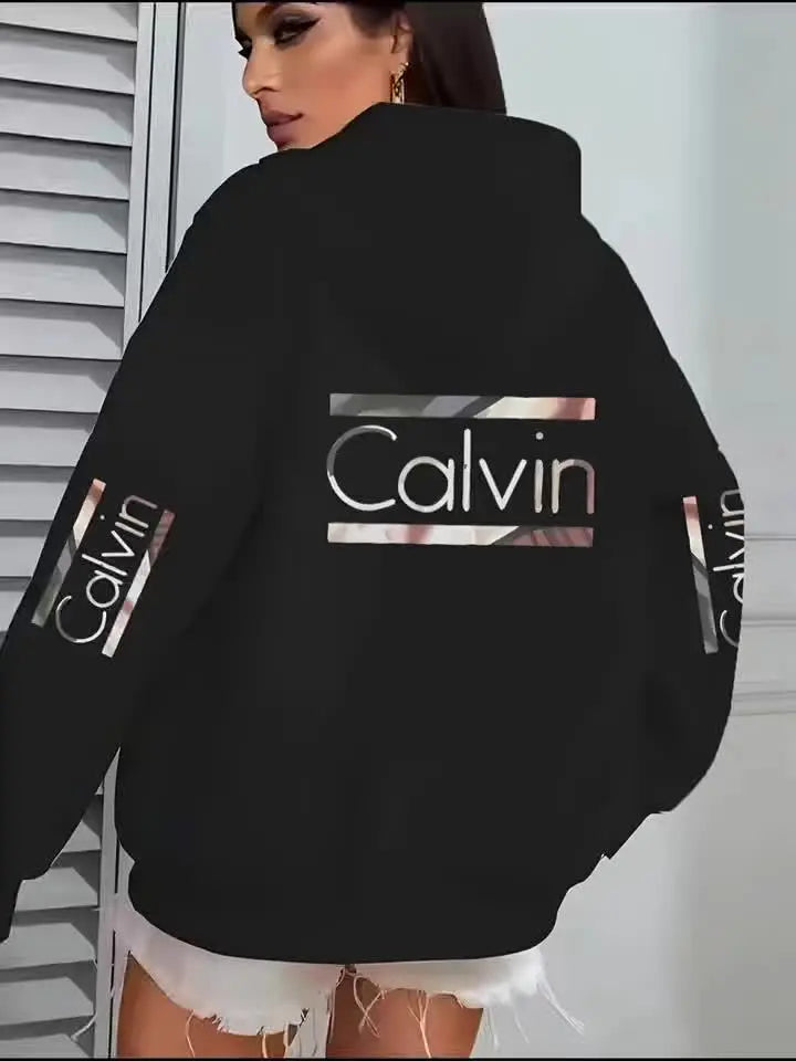Plus Size Women'S Elegant "Calvin" Graphic Hoodie - Comfortable, Lightweight, Long Sleeve, Stretch Polyester Pullover with Round Neck - Machine Washable, All-Season Casual & Sporty Style, Versatile Clothing | Stylish Casualwe Chic Le'Meek