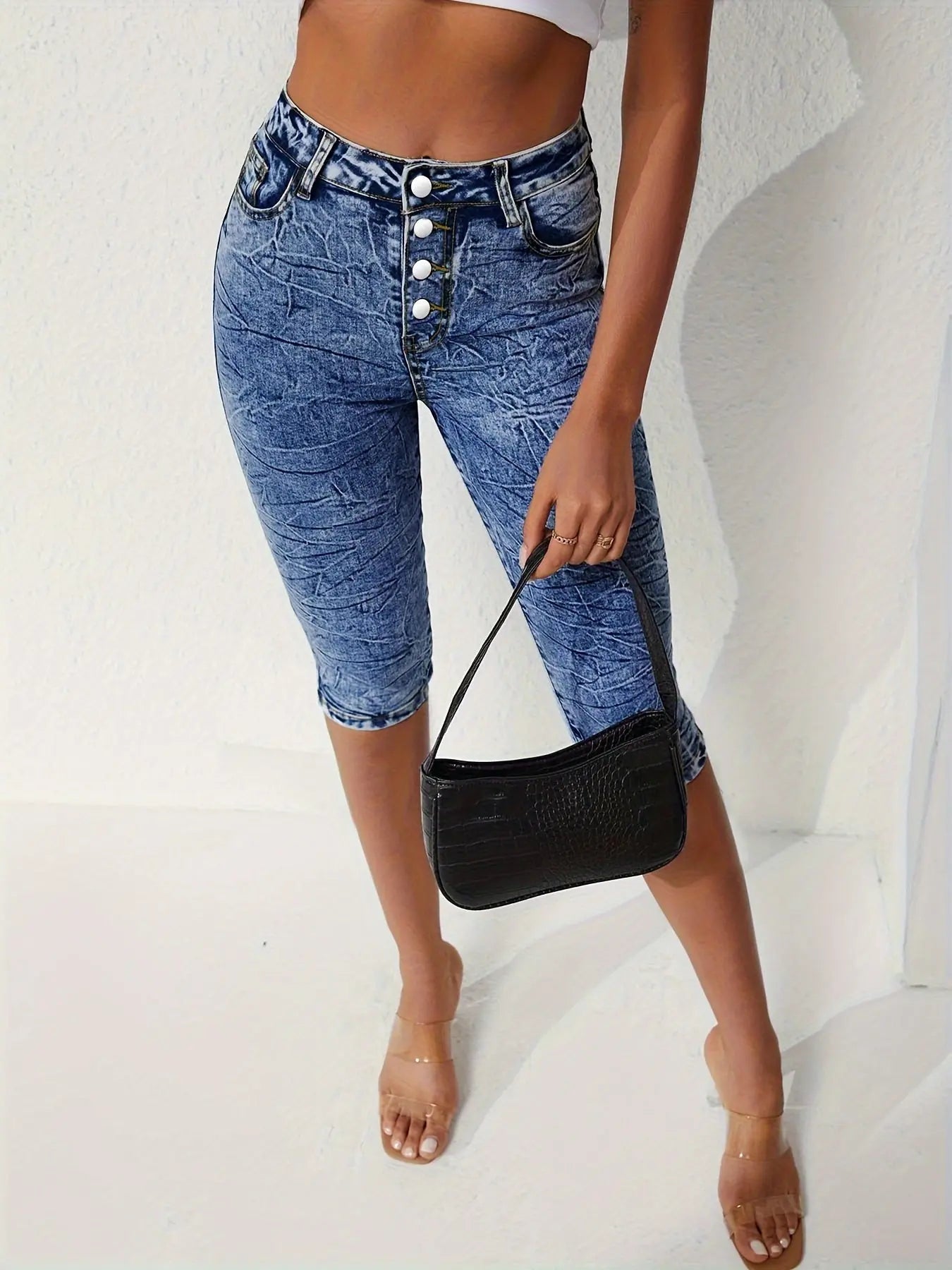 Plus Size Single-breasted Casual Style Washed Blue Stretchy Capri Denim Pants, Women's Denim Jeans & Clothing Temu