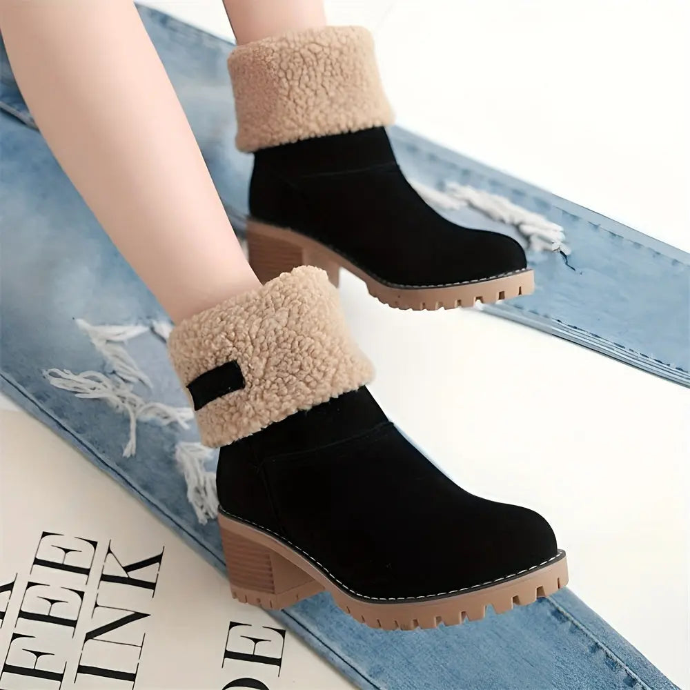 Winter Warm Women's Ankle Strap Platform Chunky Heel Comfort Faux Suede Plush Short Snow Boots Shoes For Woman Chic Le'Meek