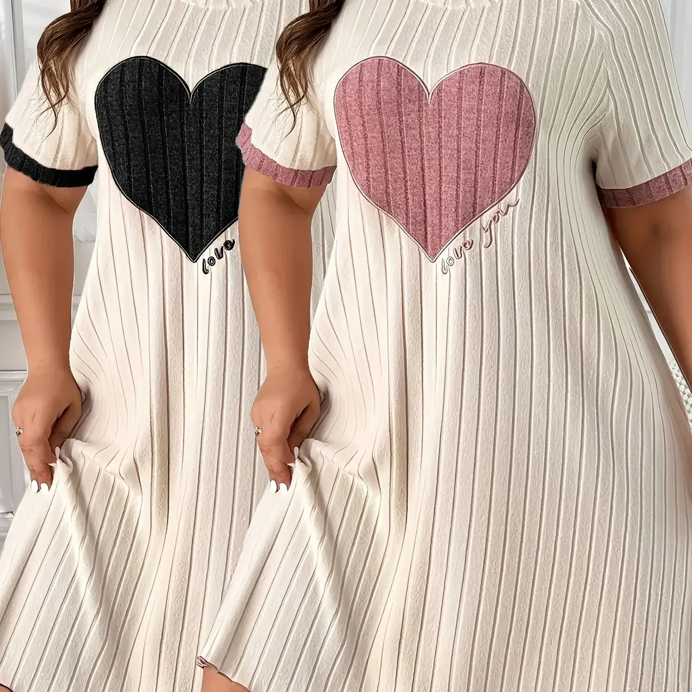 Plus Size Short-Sleeve Dress with Heart Embroidery Two-Piece Set Temu