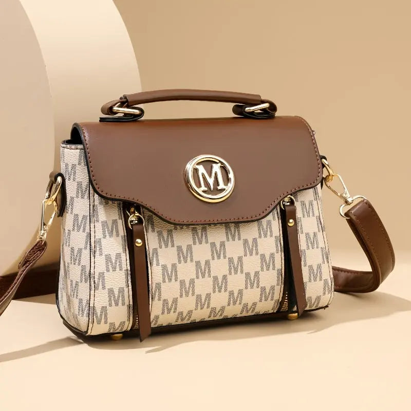 Vintage Geometric Women's Handbag - Large Capacity PU Shoulder Bag with Golden-Tone Hardware, Herringbone Pattern & Letter "M" Design, Detachable Strap, Perfect for Everyday Use (Light Brown/White/Black) Chic Le'Meek