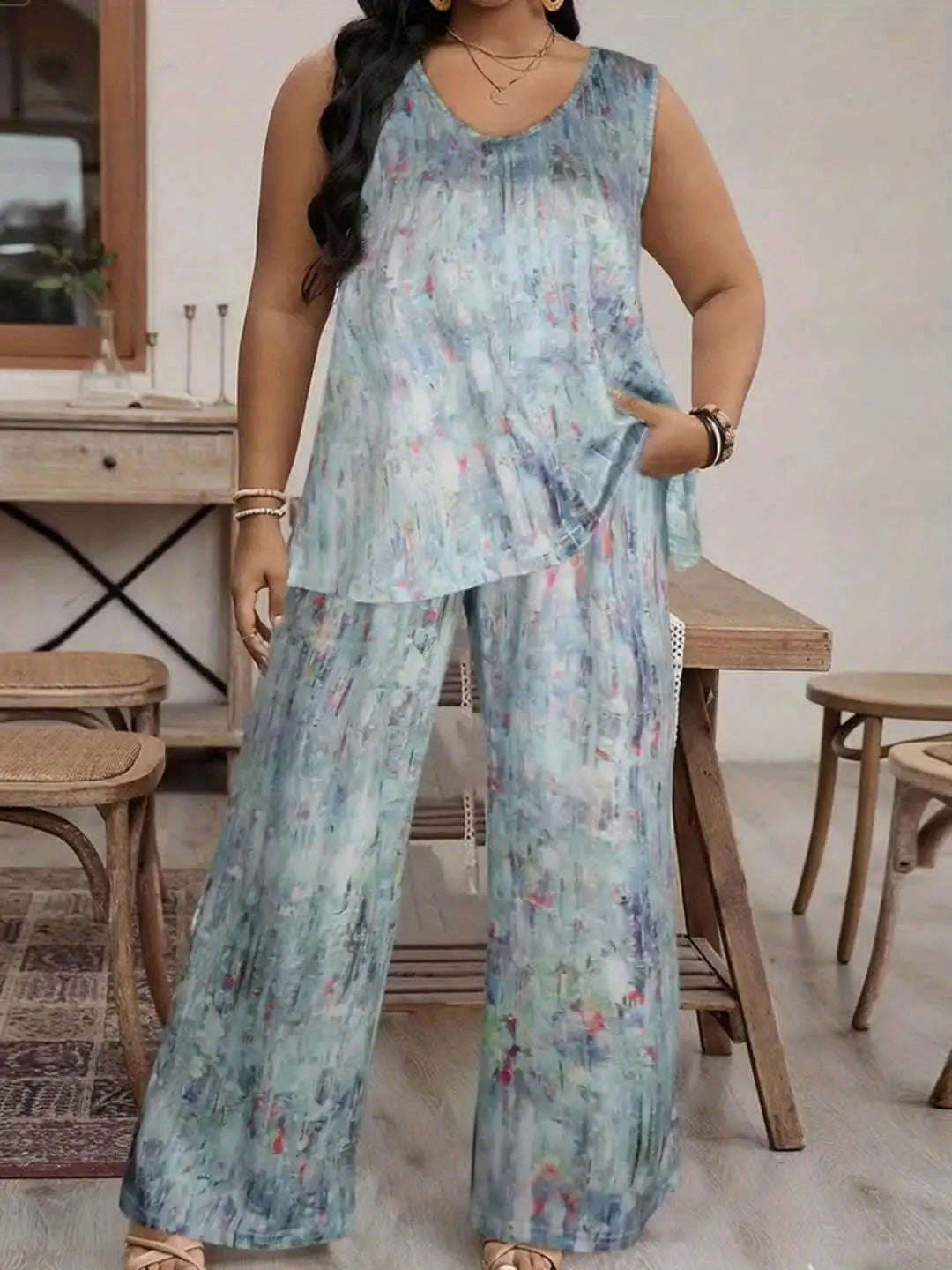 Plus Size Women's Two-Pocket Wide-Leg Pantsuit with Tie-Dye Print, Round Neck Sleeveless Top, and Flowy Trousers - Perfect for Spring and Summer, Plus Size Pant Chic Le'Meek