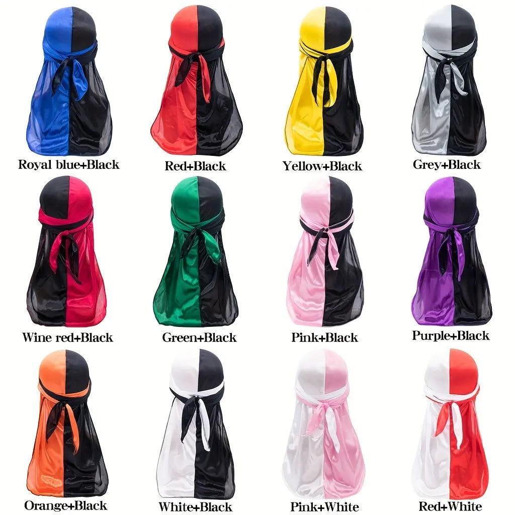 Silky Durag - Assorted Colors Satin Pirate Cap with Long Tail, Wide Straps, Elastic Breathable Head Wrap Chic Le'Meek
