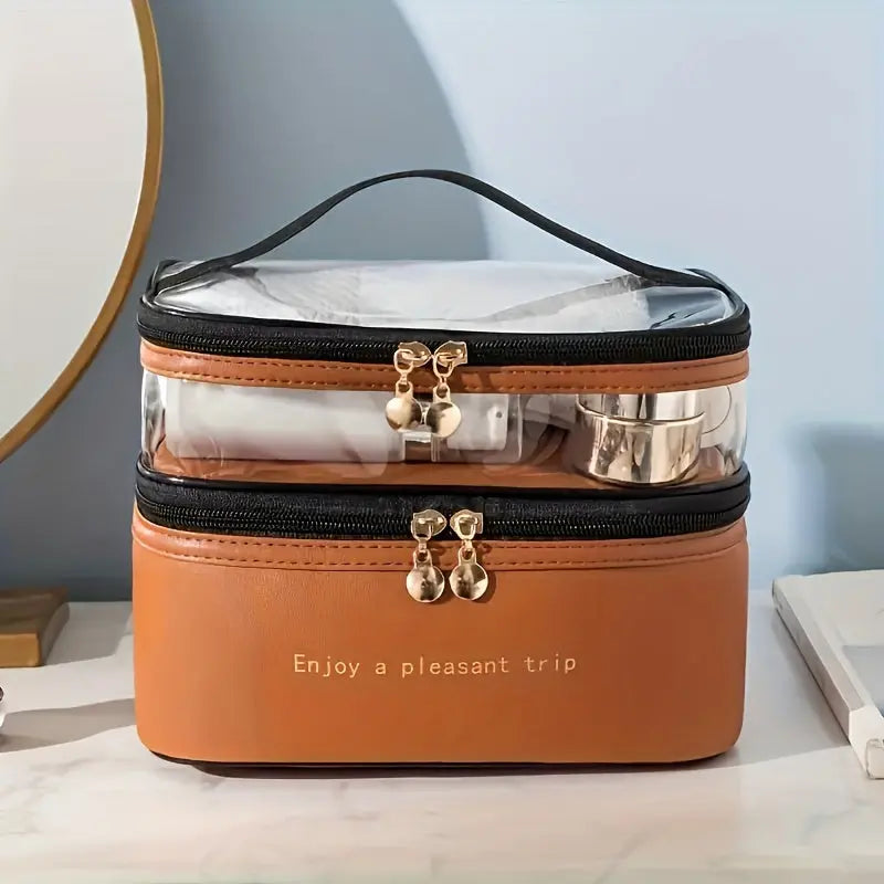 Large Capacity Double Layered Waterproof Transparent Makeup Bag - Portable, Travel-Friendly, Fashionable Cosmetic Storage with Polyester Material and Water Resistance Temu