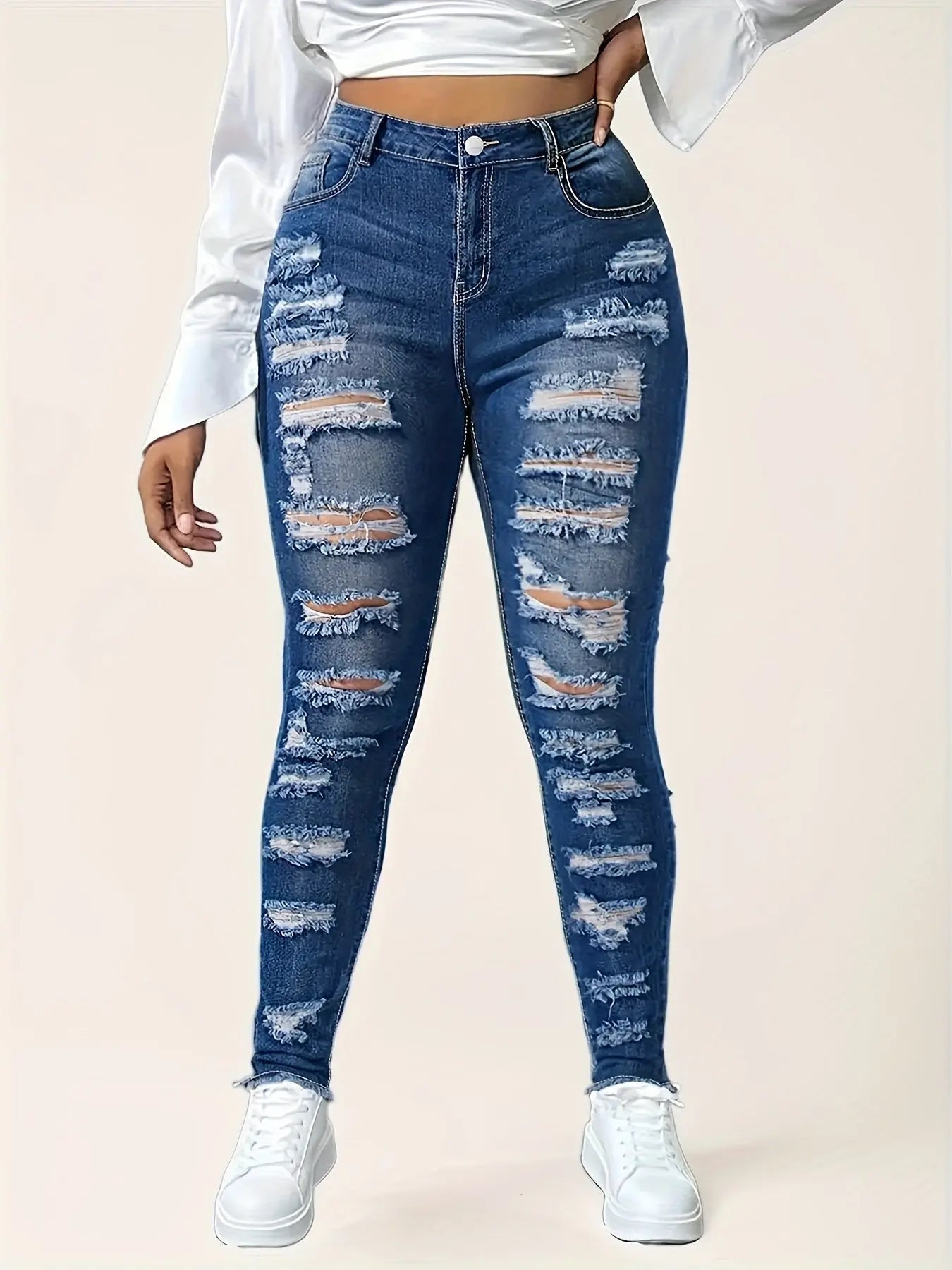 Women'S Slim-Fit Distressed Double-Sided Ripped Jeans - High-Waisted Stretch Denim Shorts with Frayed Hem & Slash Pockets, Casual Summer Streetwear, Light Blue Denim, Summer Casual Wear | Frayed Hem Jeans | Comfortable Fit Chic Le'Meek
