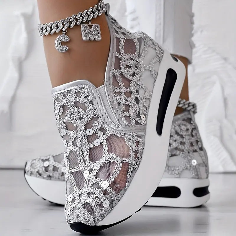 Abstract Print Side Lace-up Casual Wedge Sneakers - Without Anklet Chic Le'Meek