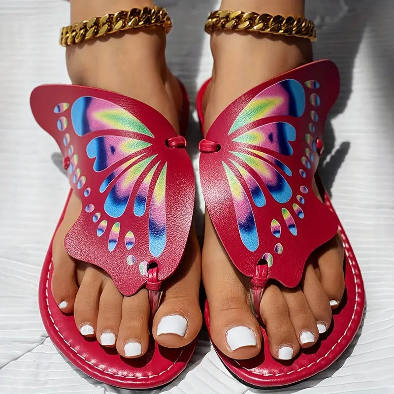 Women's Butterfly Flip Flops, Faux Leather Thong Slippers, Colorful Summer Beach Sandals, Fashion Footwear With Vibrant Wing Design Temu