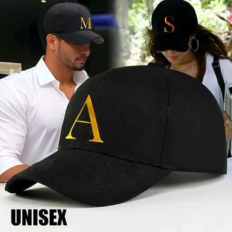 Unisex Polyester Baseball Cap | Adjustable Fit | Lightweight, Breathable & Quick-Dry | Golden Letter Print Embroidery 'M' or 'A' | Ideal for Outdoor Sports and Travel | Stylish Hip-Hop Dad Hat, Casual Wear Hat | Hiphop Style Chic Le'Meek