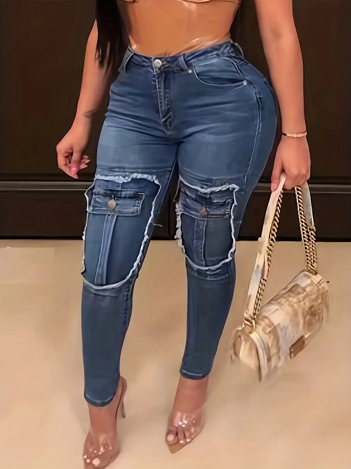 Plus Size High Waist Cargo Jeans - Flexible Medium Stretch, Tapered Leg, Button Fly, Solid Color with Flap Pockets - Effortlessly Chic Casual Style, Raw Trim Detail Temu