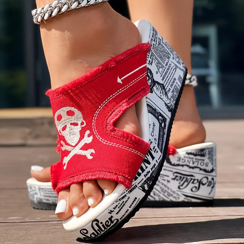 Newspaper Buckle Denim Wedge Slippers - Without Anklet Chic Le'Meek