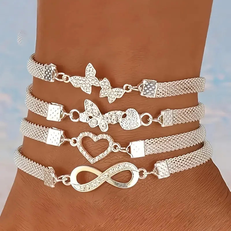 Set of 4- Elegant And Shiny Stackable Ankle Chains, Synthetic Zirconia Ankle Chains Plated with Butterflies And Hearts, Multifunctional Daily Jewelry Gifts Chic Le'Meek