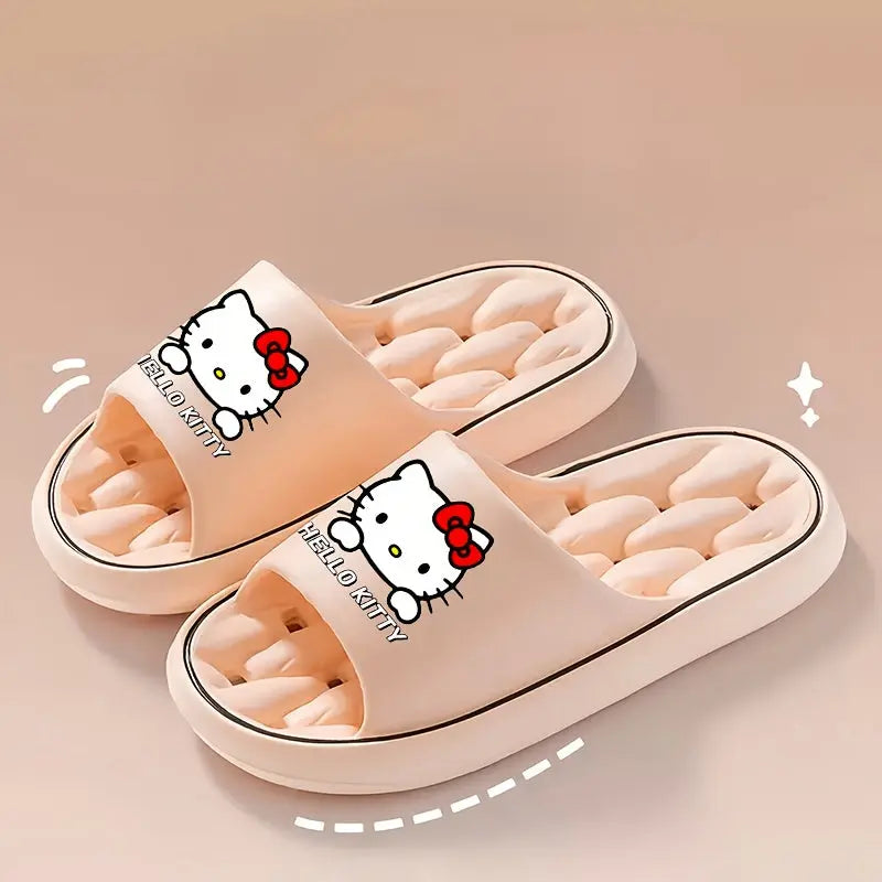 Sanrio Hello Kitty Kawaii Cartoon Slides - Unisex Breathable Soft Sole EVA Slippers, Comfortable Non-Slip Casual Shoes for Indoor & Outdoor Use, Black & Cream Design with Red Bows, Cute Slippers Chic Le'Meek