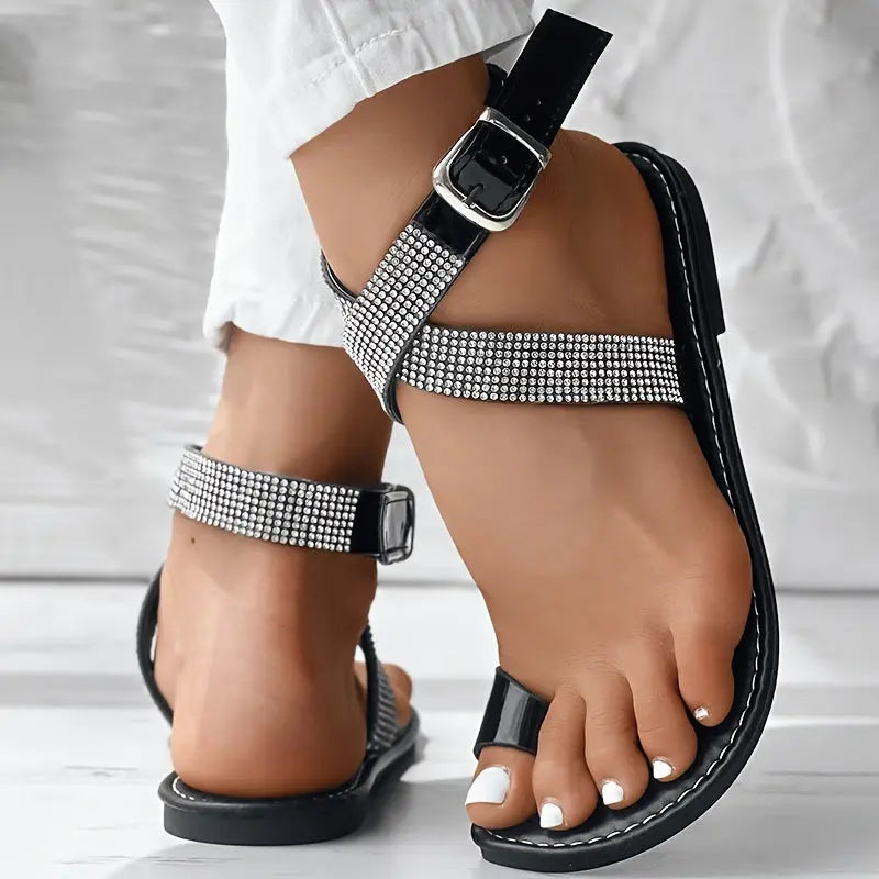 Stunning Women's Flat Sandals - Crisscross Ankle Buckle, Rhinestone Decor, Lightweight, Comfortable Toe Loop, Open Toe Temu