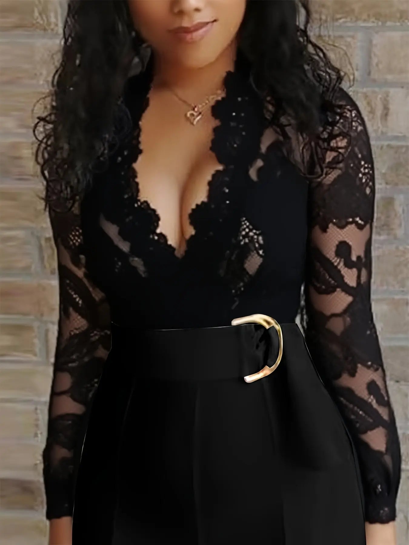 Women'S Plus Size Elegant V-Neck Lace Jumpsuit with Belt - Stretchy Black Long Sleeve Romper AliExpress