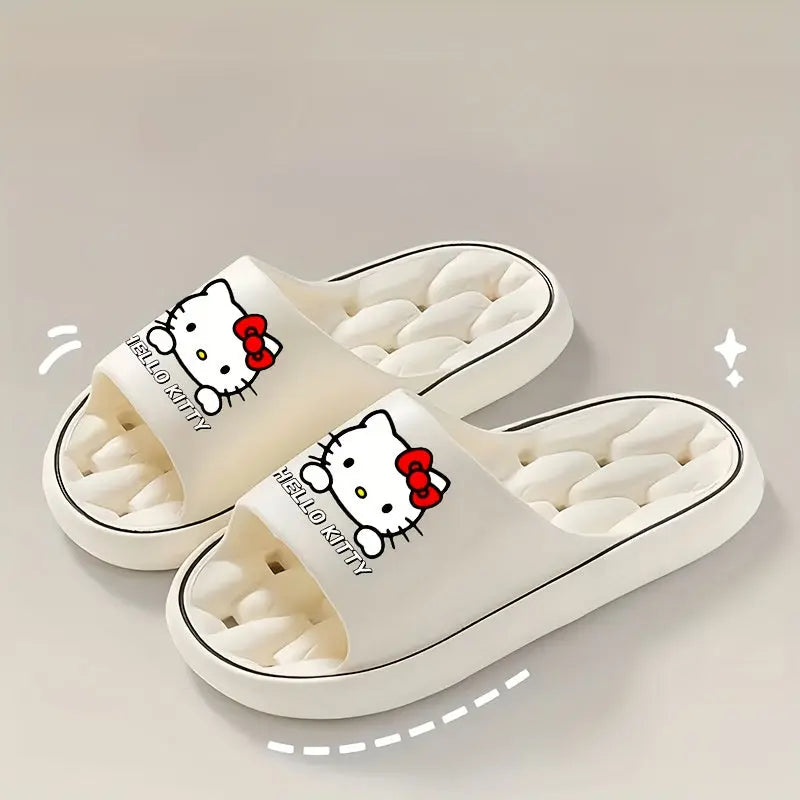 Sanrio Hello Kitty Kawaii Cartoon Slides - Unisex Breathable Soft Sole EVA Slippers, Comfortable Non-Slip Casual Shoes for Indoor & Outdoor Use, Black & Cream Design with Red Bows, Cute Slippers Chic Le'Meek