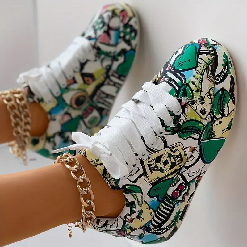 Casual Chic Women's Vibrant Graffiti Print Sneakers - Low Top, Round Toe, Rubber Sole, Faux Cover Interior, All-Season Casual Lace-Up Shoes AliExpress