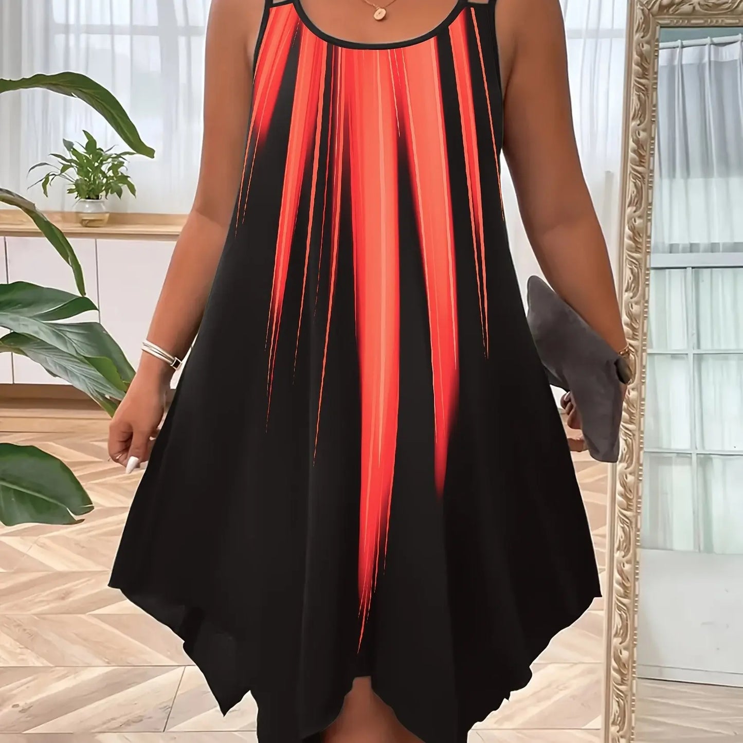 Plus Size Ombre Print Cami Slip Dress - Spaghetti Strap, Sleeveless, Crew Neck, Dual Strap, Asymmetrical Hem, Medium Stretch, Polyester, Random Printing, Vacation Style for Spring, Summer, and Fall Seasons Temu