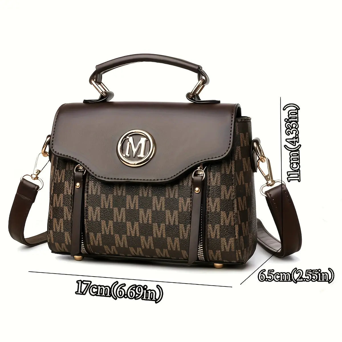 Vintage Geometric Women's Handbag - Large Capacity PU Shoulder Bag with Golden-Tone Hardware, Herringbone Pattern & Letter "M" Design, Detachable Strap, Perfect for Everyday Use (Light Brown/White/Black) Chic Le'Meek