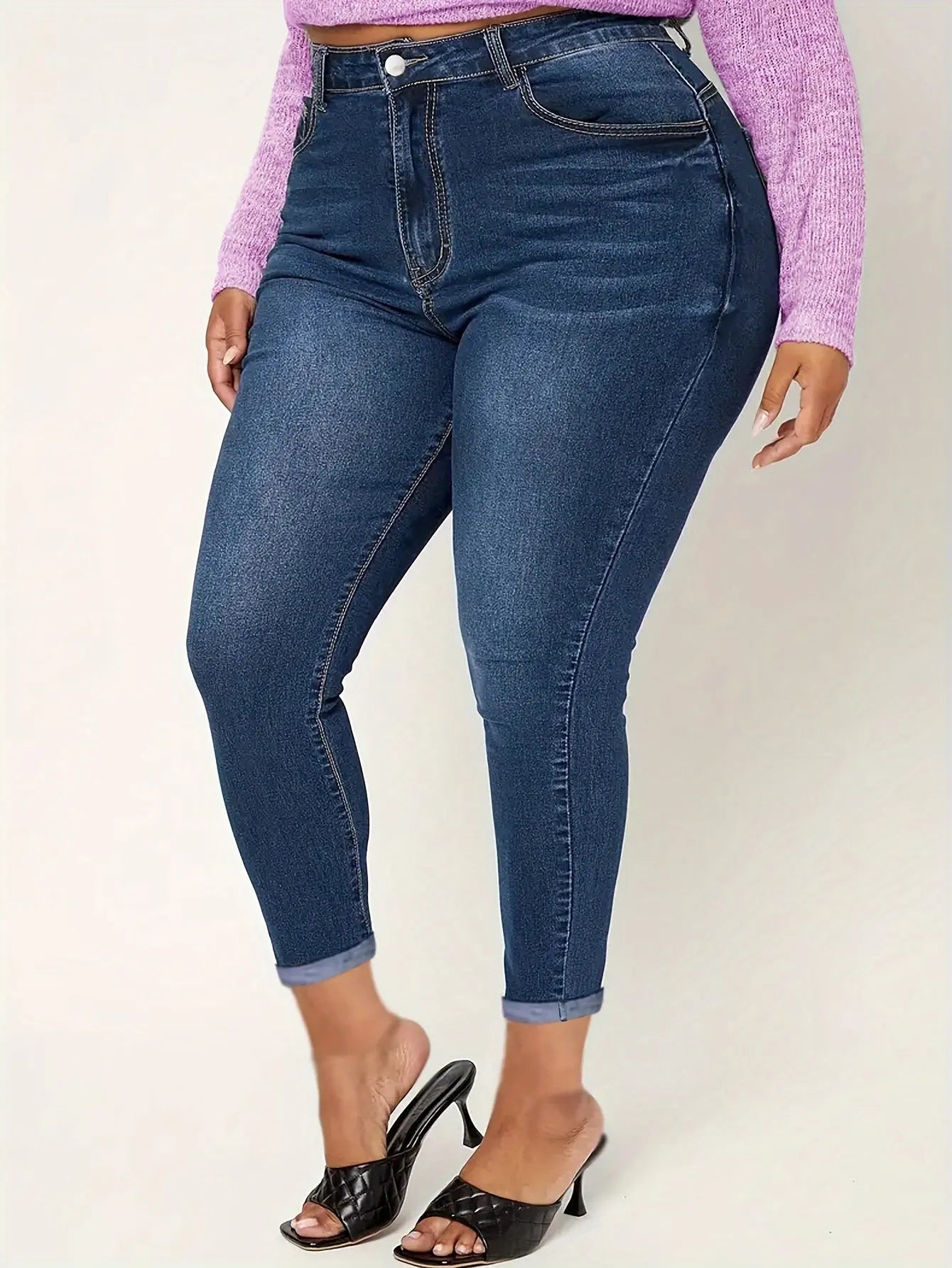 Plus Size Plain Skinny Fit Washed Blue Casual Style Zipper Button Closure Denim Pants, Women's Denim Jeans & Clothing Temu