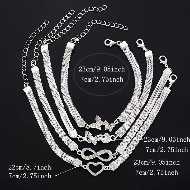 Set of 4- Elegant And Shiny Stackable Ankle Chains, Synthetic Zirconia Ankle Chains Plated with Butterflies And Hearts, Multifunctional Daily Jewelry Gifts Chic Le'Meek
