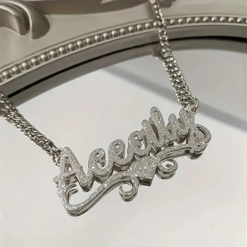 1pc Personalized Stainless Steel Name Necklace - Frosted Letter Pendant with Sparkling Accents, 18K Golden Plated Cuban Link Chain, Bohemian Chic Unisex Jewelry Gift for Women & Men, Casual or Special Occasions, Cursive Font Chic Le'Meek