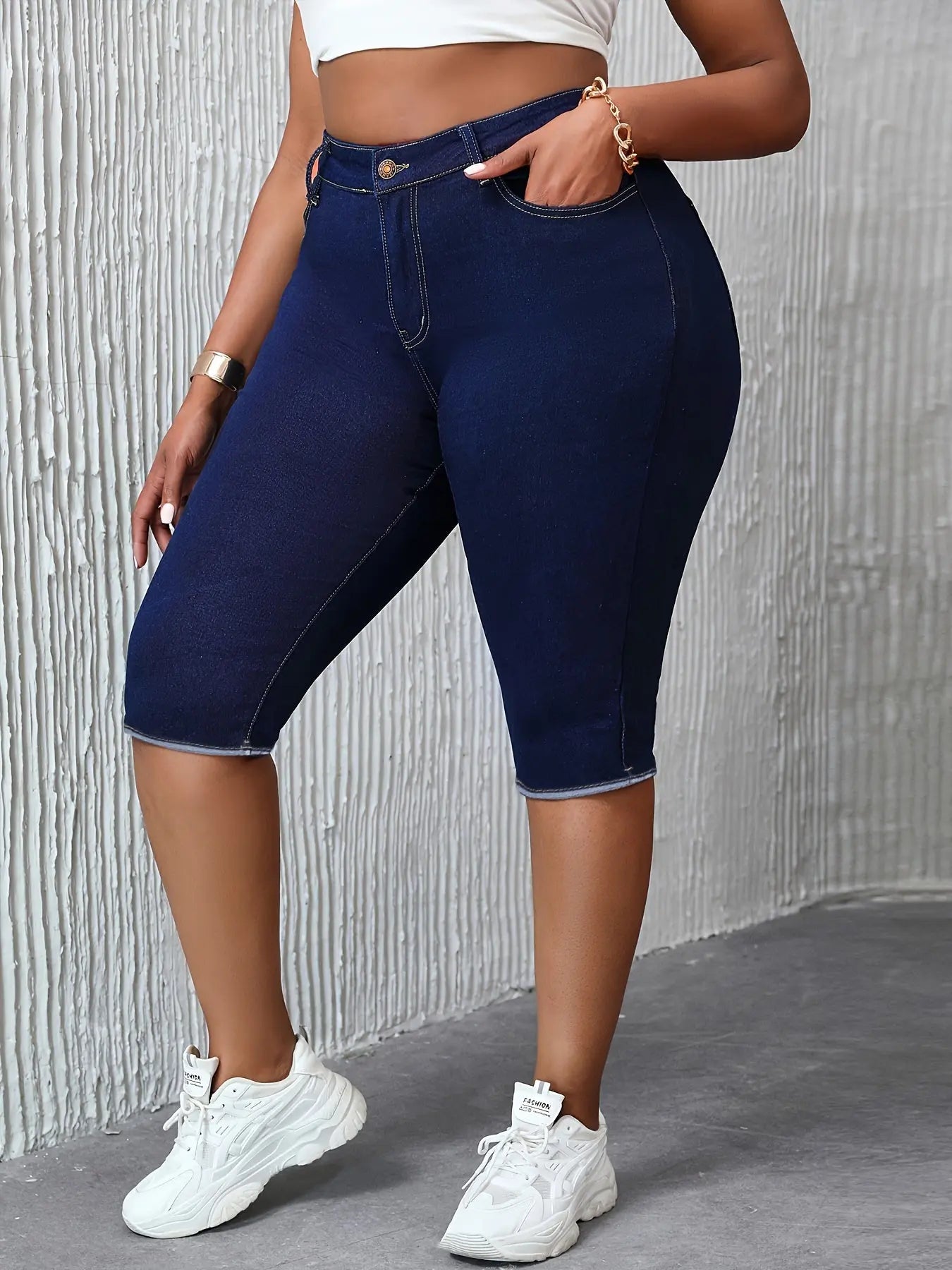 Plus Size Stretch Denim Pedal Pushers - Comfort Fit, High-Waist, Zip & Button Closure - Fashionable Everyday Wear Temu