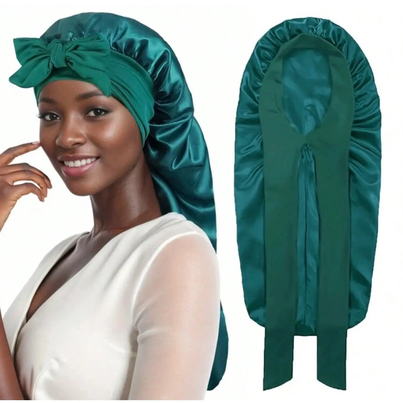 Women's Elastic Tie Band Long Satin Bonnet for Long Curly Hair - Gentle Hair Care Sleeping Cap with Smooth Texture and Soft Inside Chic Le'Meek