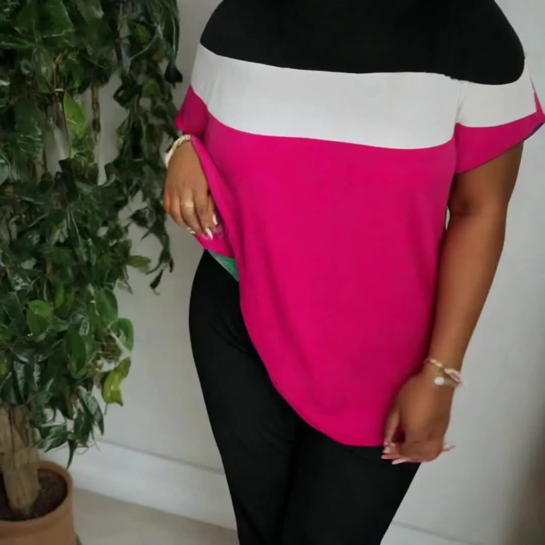 Women'S Plus Size Casual Color Block 2pcs Set - Elegant Crew Neck Short Sleeve Top & Straight Leg Pants, 95% Polyester 5% Elastane, Medium Stretch Knit Fabric, Machine Washable Chic Le'Meek