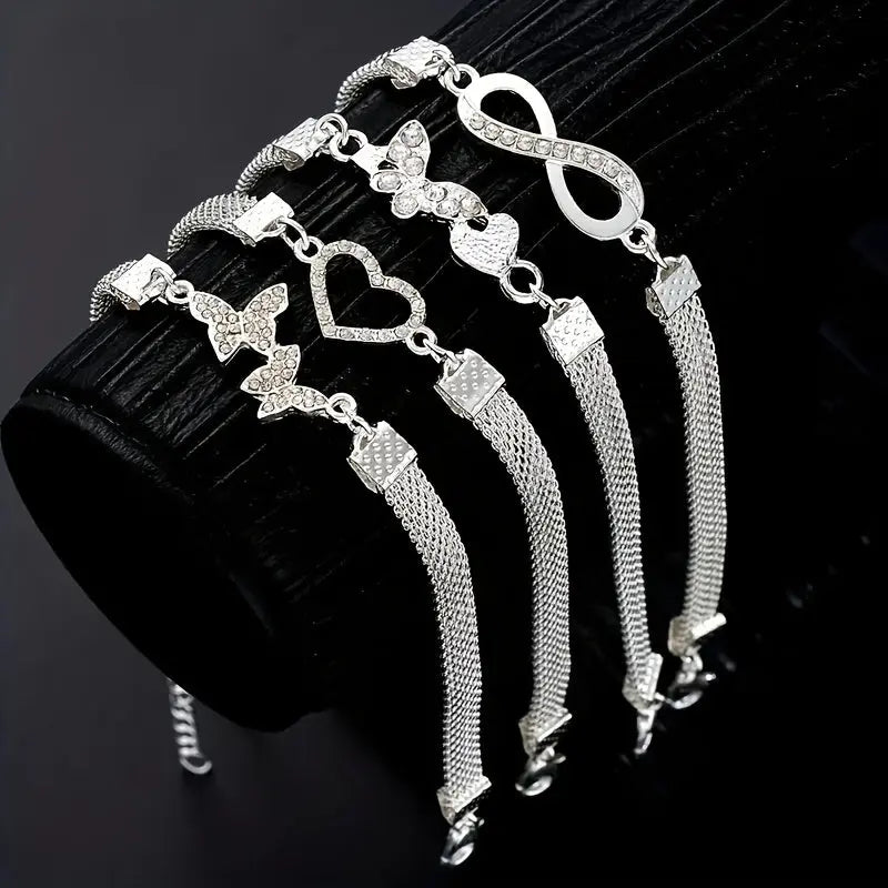 Set of 4- Elegant And Shiny Stackable Ankle Chains, Synthetic Zirconia Ankle Chains Plated with Butterflies And Hearts, Multifunctional Daily Jewelry Gifts Chic Le'Meek