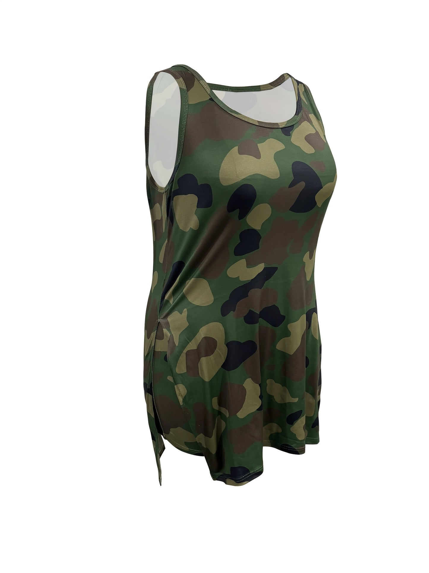 Two piece set of plus size Women's casual vest shorts, with a split hem and camouflage print Chic Le'Meek