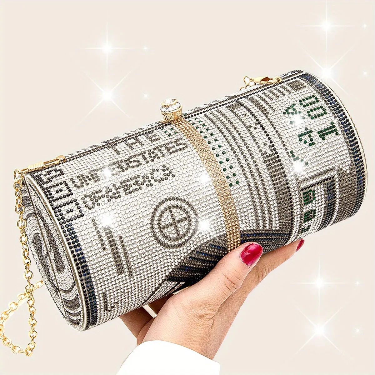 Sparkling Dollar Pattern Clutch Bag - Glamorous Cylinder Rhinestone Glitter Kiss Lock with Adjustable Metal Chain Temu