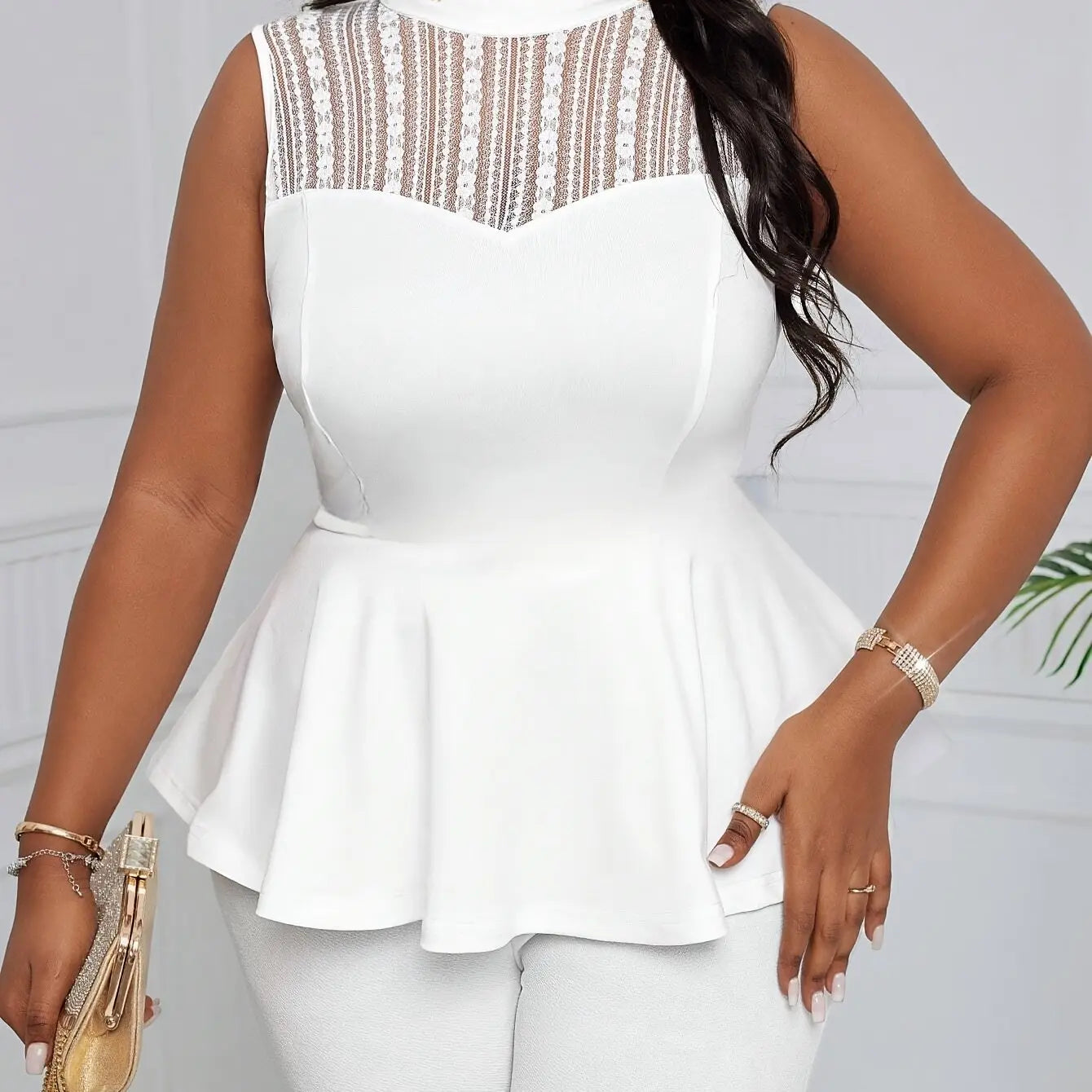 Elegant White Lace-Trimmed Sleeveless Peplum Top with Ruffled Hem, Cinched Waist, and High-Neck Design for Women - Perfect for Parties and Casual Outings Chic Le'Meek