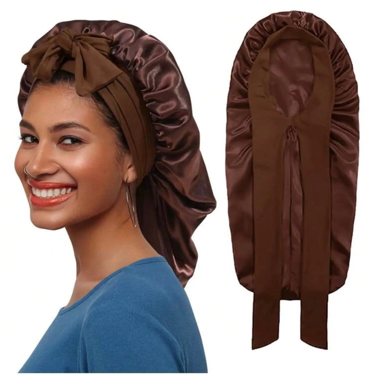 Women's Elastic Tie Band Long Satin Bonnet for Long Curly Hair - Gentle Hair Care Sleeping Cap with Smooth Texture and Soft Inside Chic Le'Meek