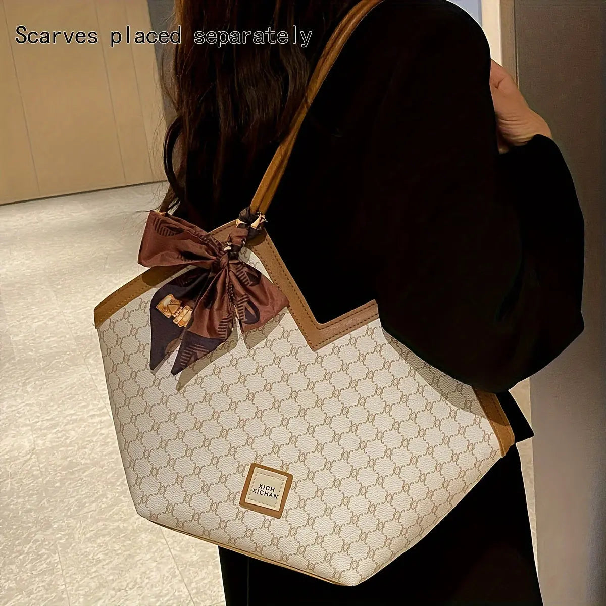 LABOONOO Women'S Vintage-Inspired Tote Bag with Scarf - Elegant, Large Capacity, Zip Closure, Grey & Beige Pattern, Perfect for Casual or Retro Outfits Chic Le'Meek