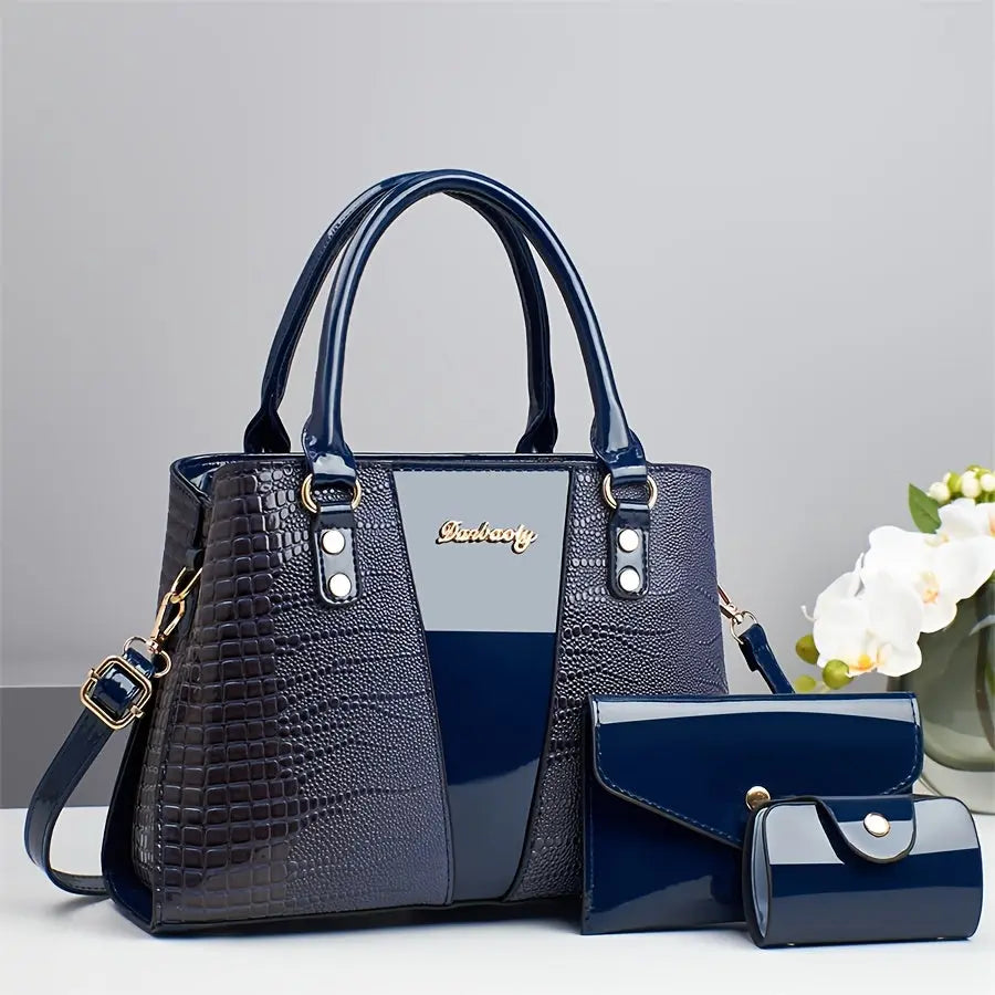 3pcs Elegant PU Handbag Set, Crocodile Pattern Large Capacity Crossbody Bag with Coin Purse and Card Holder, Lightweight Shoulder Bag with Sequins and Zipper Closure Chic Le'Meek