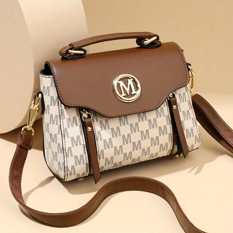 Vintage Geometric Women's Handbag - Large Capacity PU Shoulder Bag with Golden-Tone Hardware, Herringbone Pattern & Letter "M" Design, Detachable Strap, Perfect for Everyday Use (Light Brown/White/Black) Chic Le'Meek