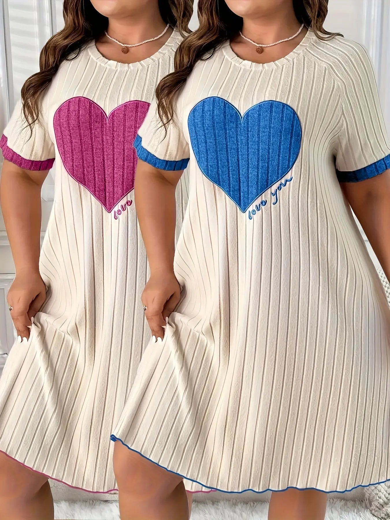 Plus Size Short-Sleeve Dress with Heart Embroidery Two-Piece Set Temu