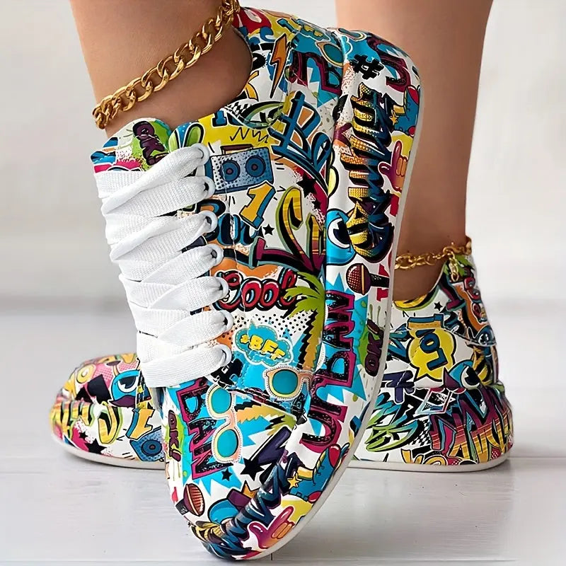 Casual Chic Women's Vibrant Graffiti Print Sneakers - Low Top, Round Toe, Rubber Sole, Faux Cover Interior, All-Season Casual Lace-Up Shoes AliExpress
