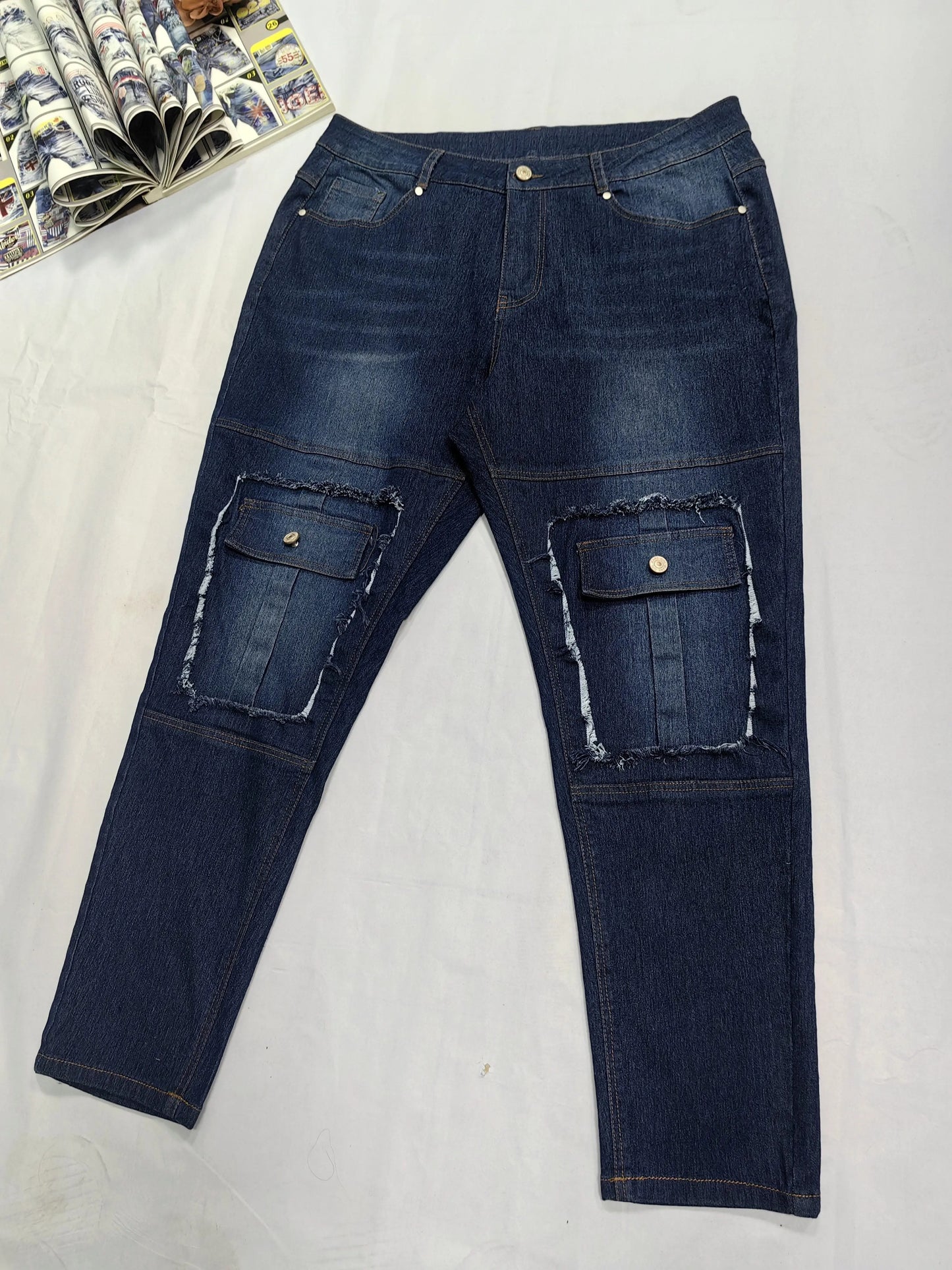 Plus Size High Waist Cargo Jeans - Flexible Medium Stretch, Tapered Leg, Button Fly, Solid Color with Flap Pockets - Effortlessly Chic Casual Style, Raw Trim Detail Temu