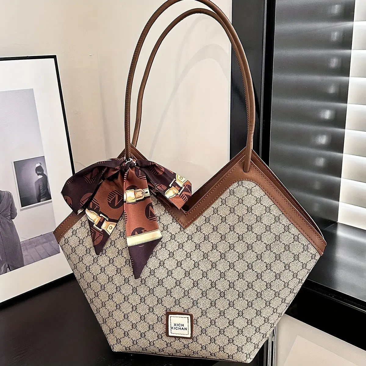LABOONOO Women'S Vintage-Inspired Tote Bag with Scarf - Elegant, Large Capacity, Zip Closure, Grey & Beige Pattern, Perfect for Casual or Retro Outfits Chic Le'Meek