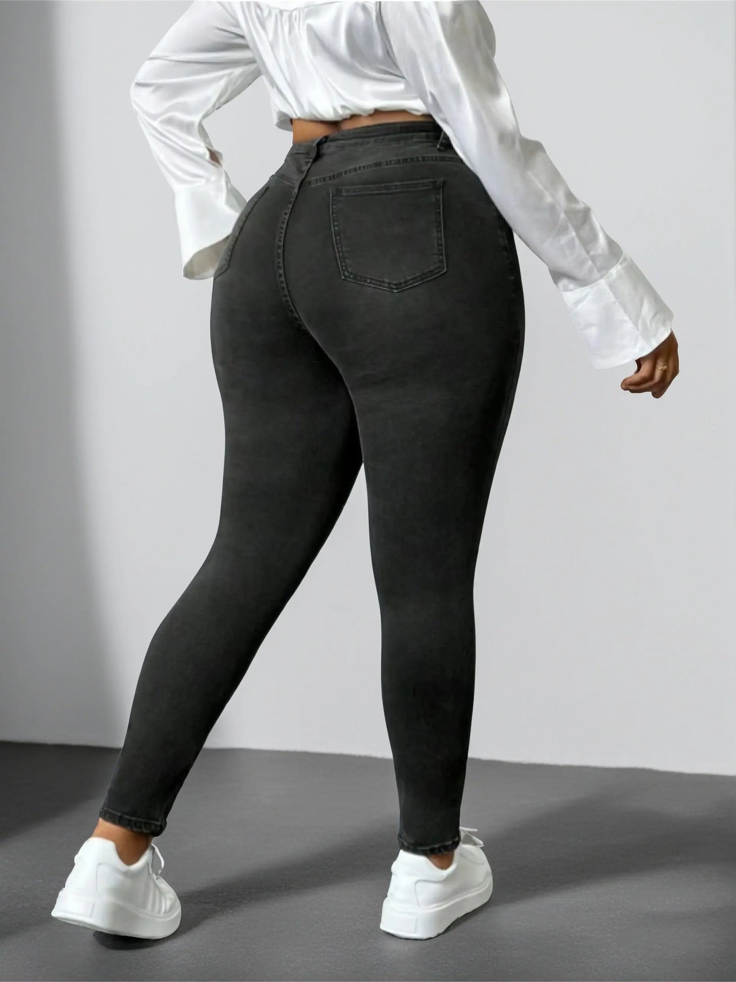 Women's Casual Jeans, Plus Size Solid Color High Rise Whiskering Slash Pocket Skinny Denim Pants Temu