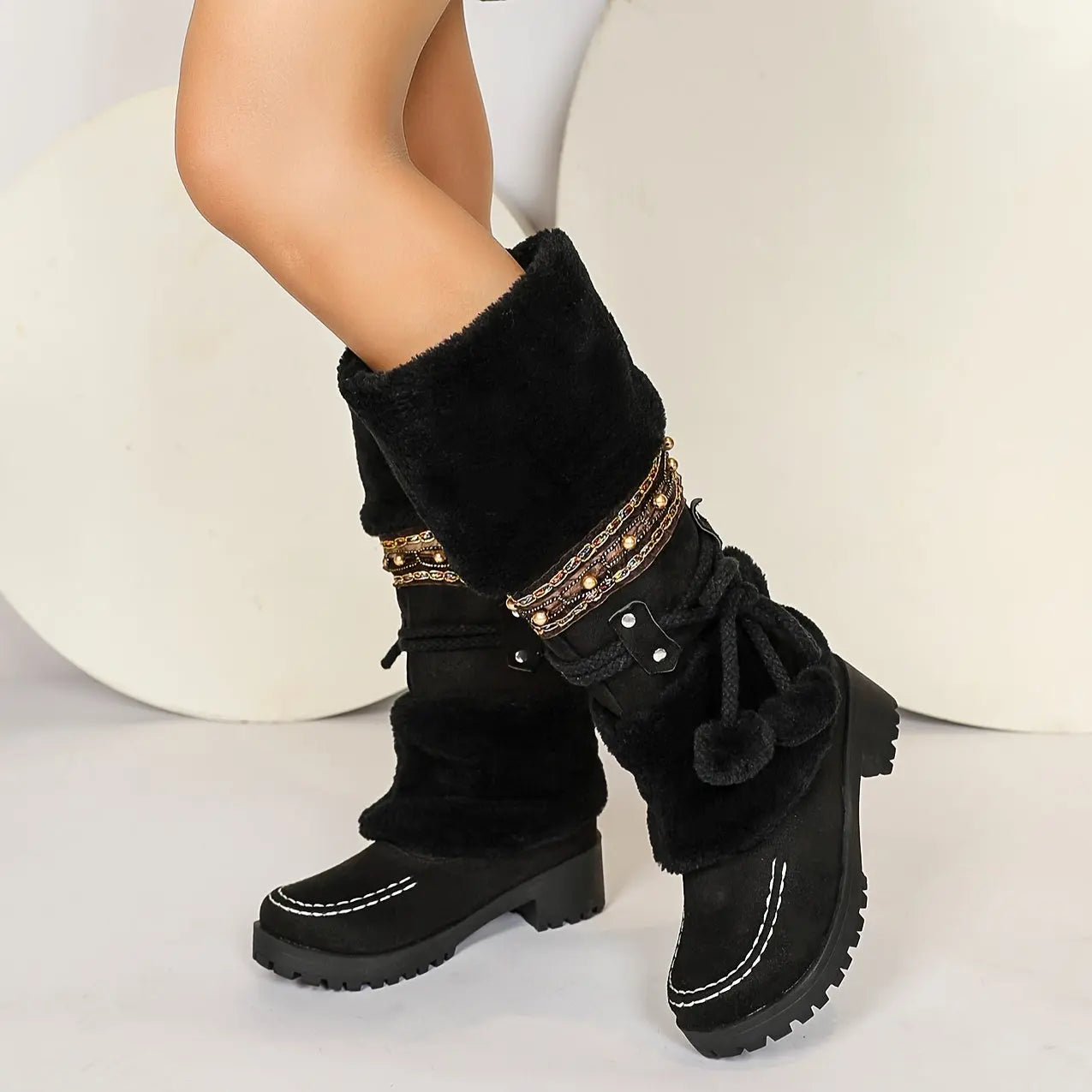 Cozy Winter Women's Snow Boots With Pom-Pom & Bowknot - Mid-Calf, Chunky Heel, Warm Fleece Lining, Non-Slip Rubber Sole For Outdoor Activities Chic Le'Meek