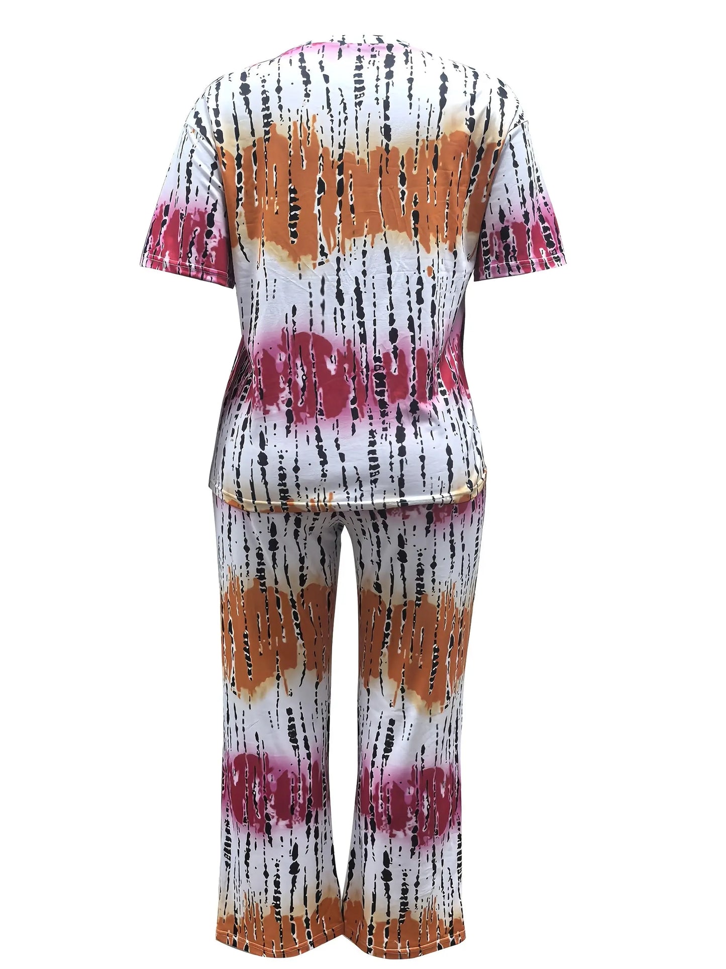 Women'S Plus Size Casual Colorblock Tie Dye 2pcs Set - Elegant Crew Neck Long Sleeve Top And Straight Leg Pants, 95% Polyester 5% Spandex, Medium Stretch Fabric, Machine Washable Chic Le'Meek