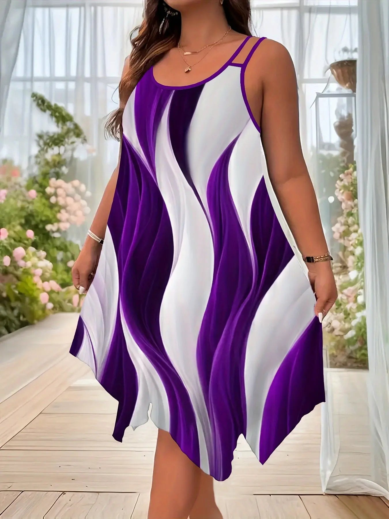 1pc Women'S Summer Casual Asymmetrical Hem Dress, Polyester 95% Spandex 5% Fabric, Crew Neck Slingback with Random Print Design Chic Le'Meek