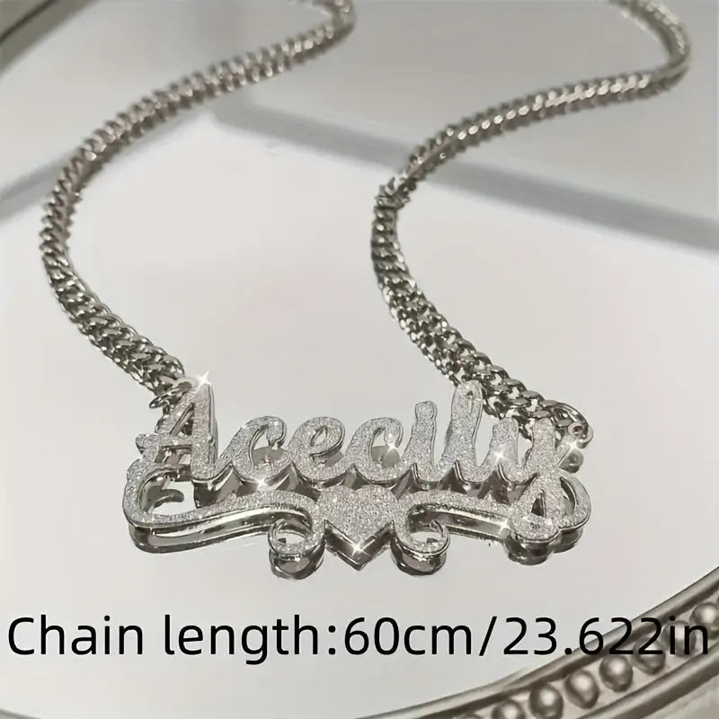 1pc Personalized Stainless Steel Name Necklace - Frosted Letter Pendant with Sparkling Accents, 18K Golden Plated Cuban Link Chain, Bohemian Chic Unisex Jewelry Gift for Women & Men, Casual or Special Occasions, Cursive Font Chic Le'Meek